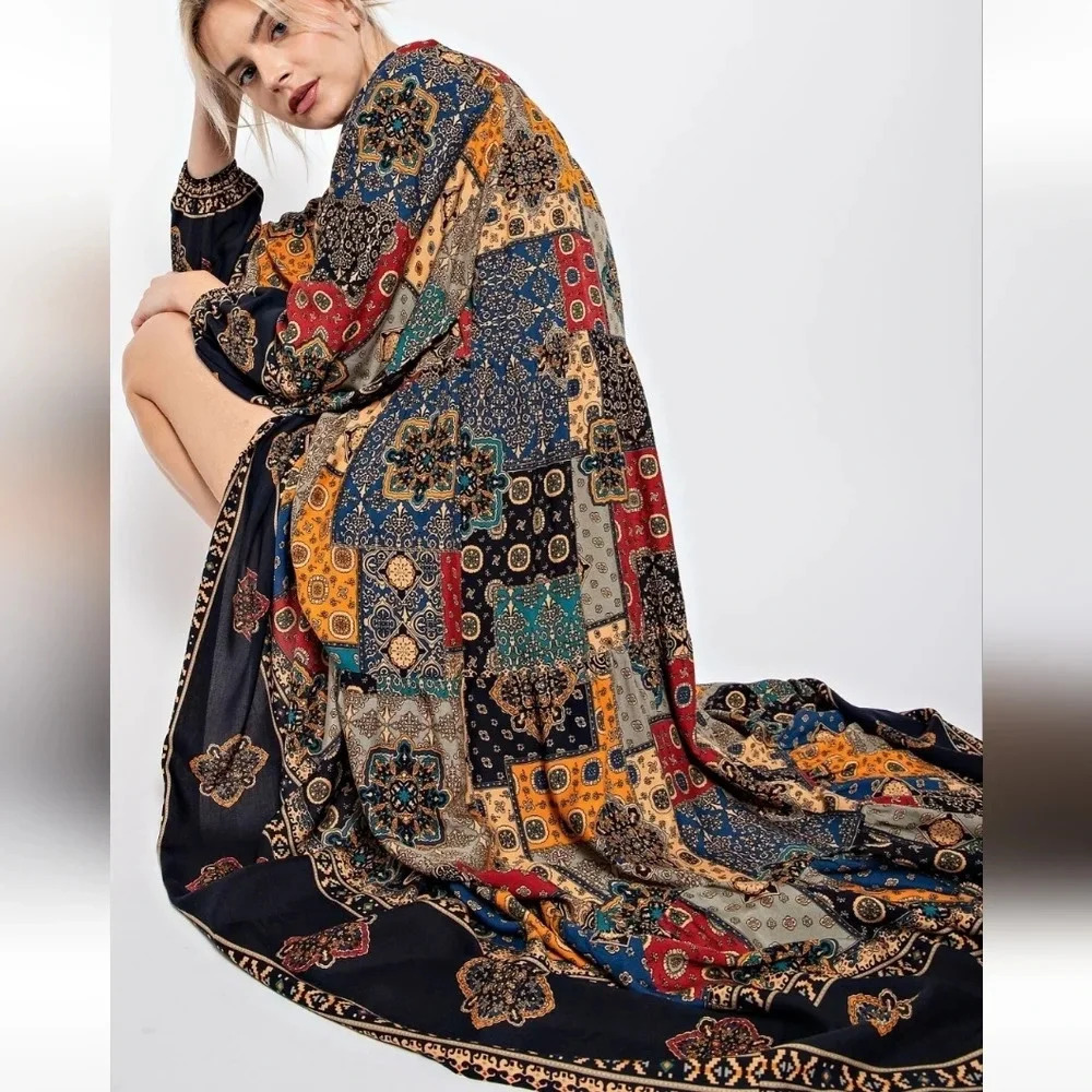 New! Easel Vintage Boho Patchwork Printed Challis Maxi Dress - Picture 2 of 5